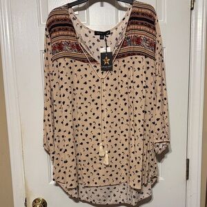 Living Doll Beige and Black Boho Blouse Size 3X NWT
